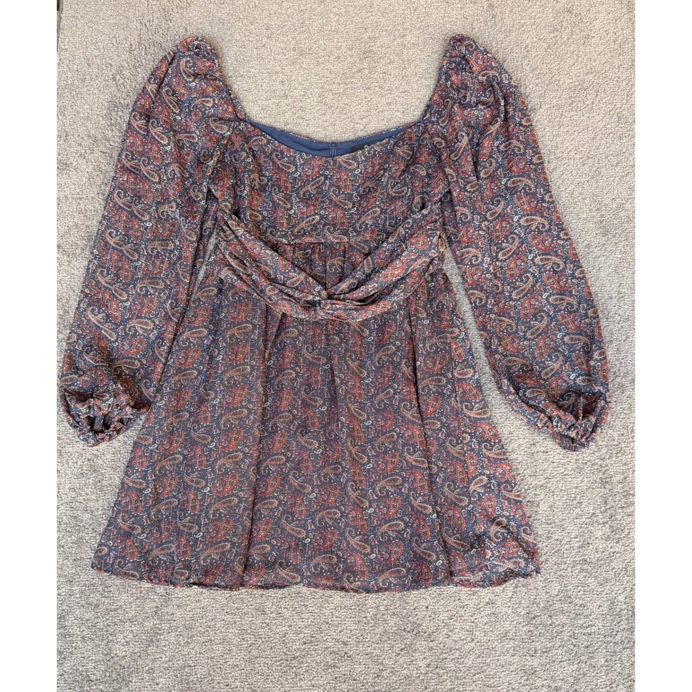 OPT Paisley Mini Dress Navy Blue Red Square Neck Puff Sleeve Boho Size Medium